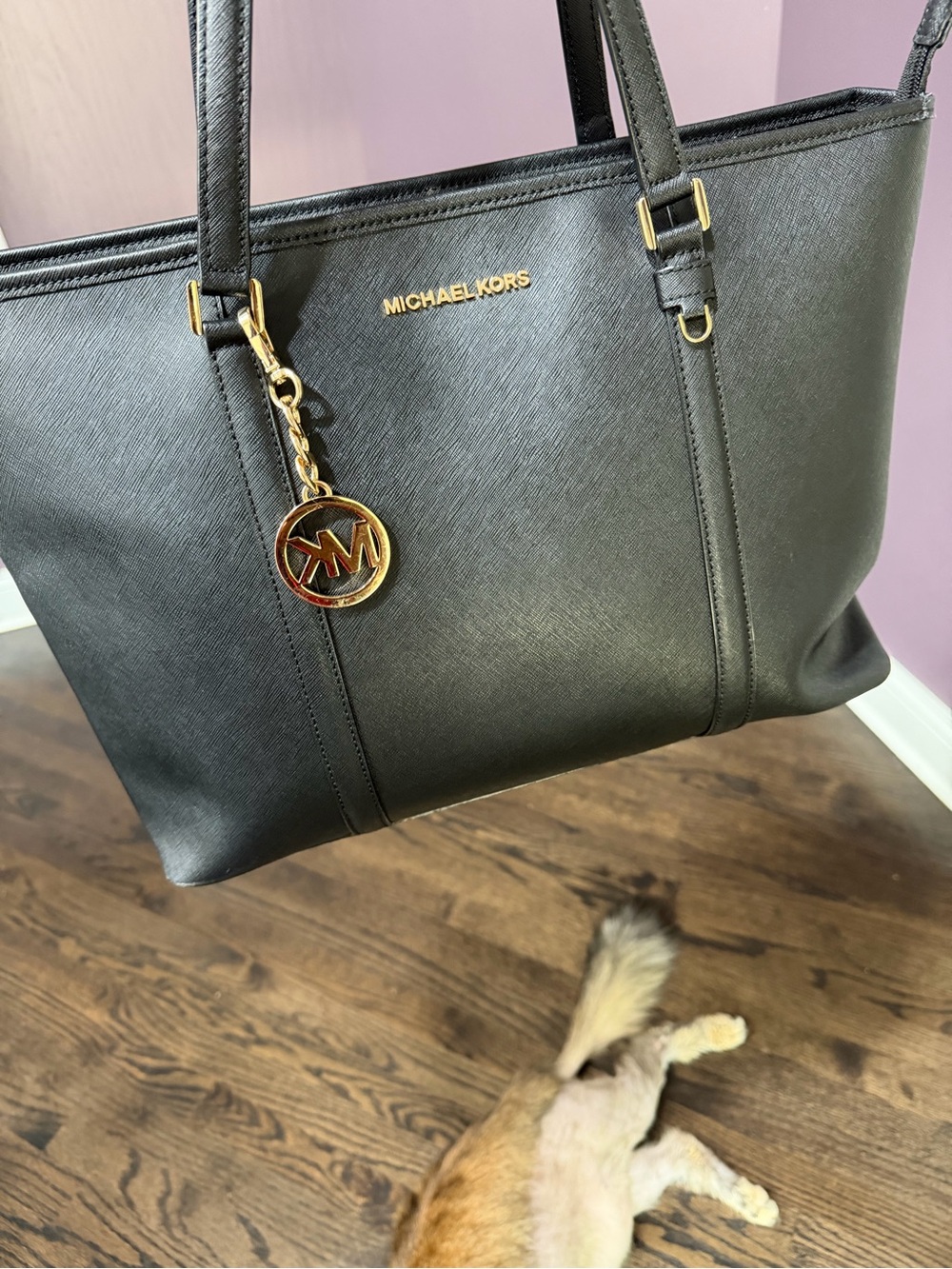 Michael Kors Black Saffiano Leather Tote with Gold Logo Charm
